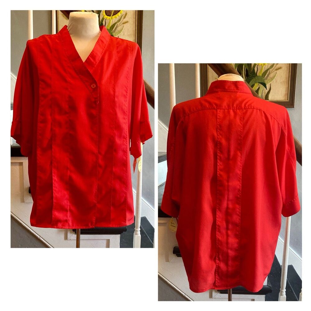 1980s Red New Wave Avant Garde Top Blouse V-neck Asymmetrical Punk Preppy Bright